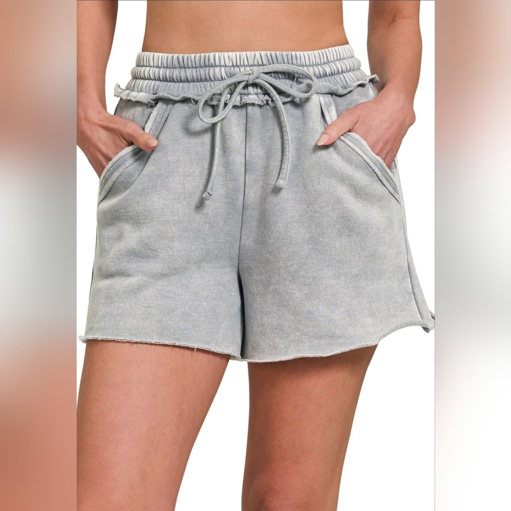 Acid Washed Fleece lined Drawstring Shorts with Pockets in sleet